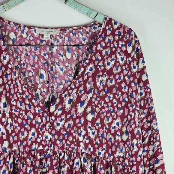 Umgee Plus Wine Mix Animal Print Silky Baby Doll w/ Pockets Long Sleeve Dress 1X - Picture 4 of 8